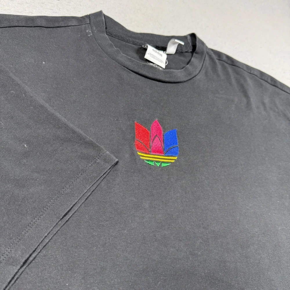 Adidas Originals Mens Black Multicolor 3D Trefoil Logo Embroidered T-Shirt L